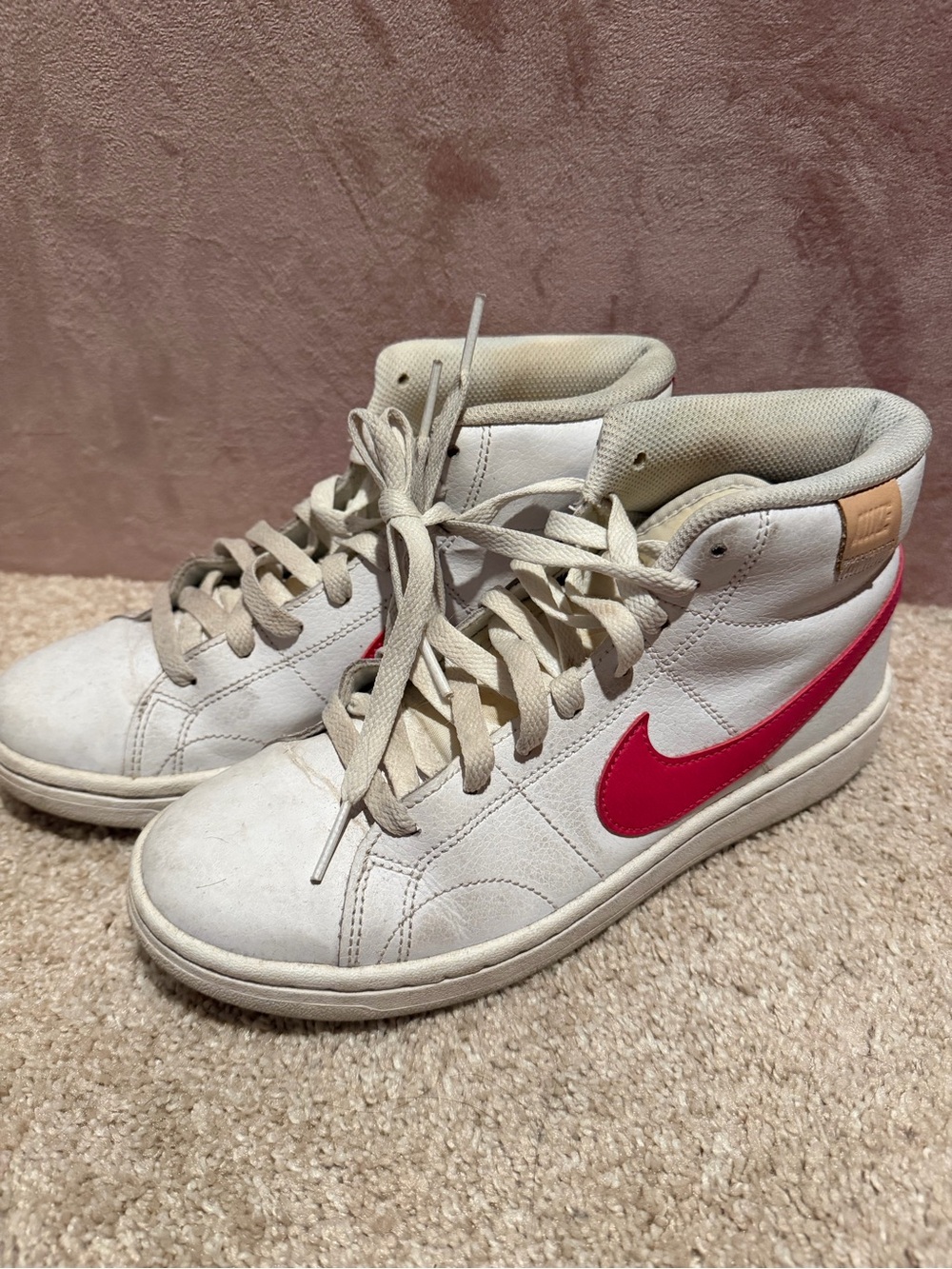 Nike Women White High-Top Sneakers with Pink Swoosh